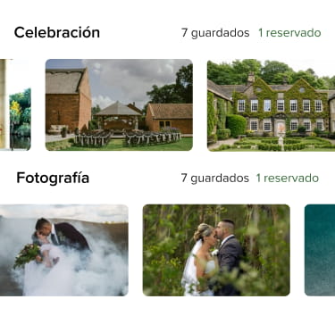 Imágenes de espacios de recepción listos para festejar un casamiento y fotos de parejas vestidos para el casamiento